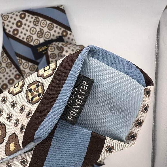 Tergal Imported Originals Mens Tie 54" Long - Blue Brown Floral -Stripe Poly - Picture 4 of 6